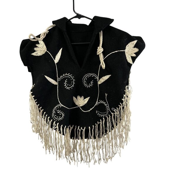 Vtg 60s 70s Black Wool Mexican Embroidered Fringe Poncho Childrens Youth - Picture 1 of 4